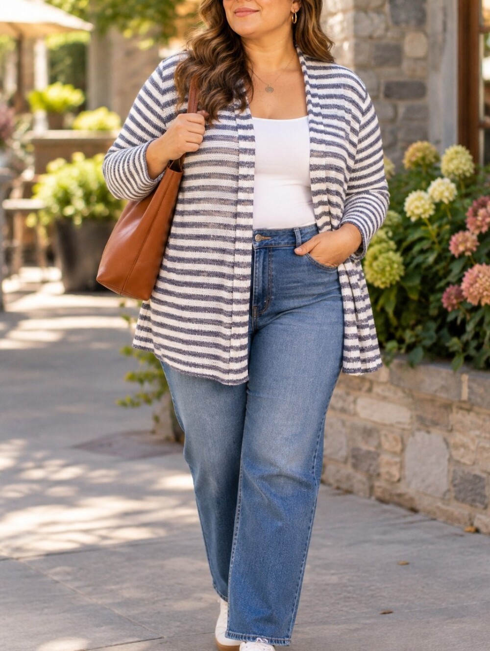 Coldwater Creek Plus Gray White Striped Open Front Cardigan Cotton Blend Casual
